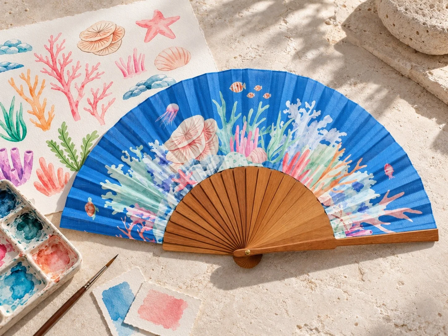 Bespoke luxury hand fan featuring original coral reef watercolour artwork and premium natural wood by Island Whisper Atelier.