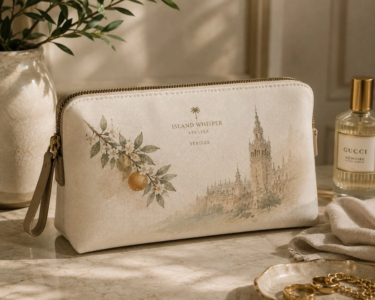 Bespoke illustrated travel pouch designed by Island Whisper Atelier as a refined and useful luxury hotel guest amenity.