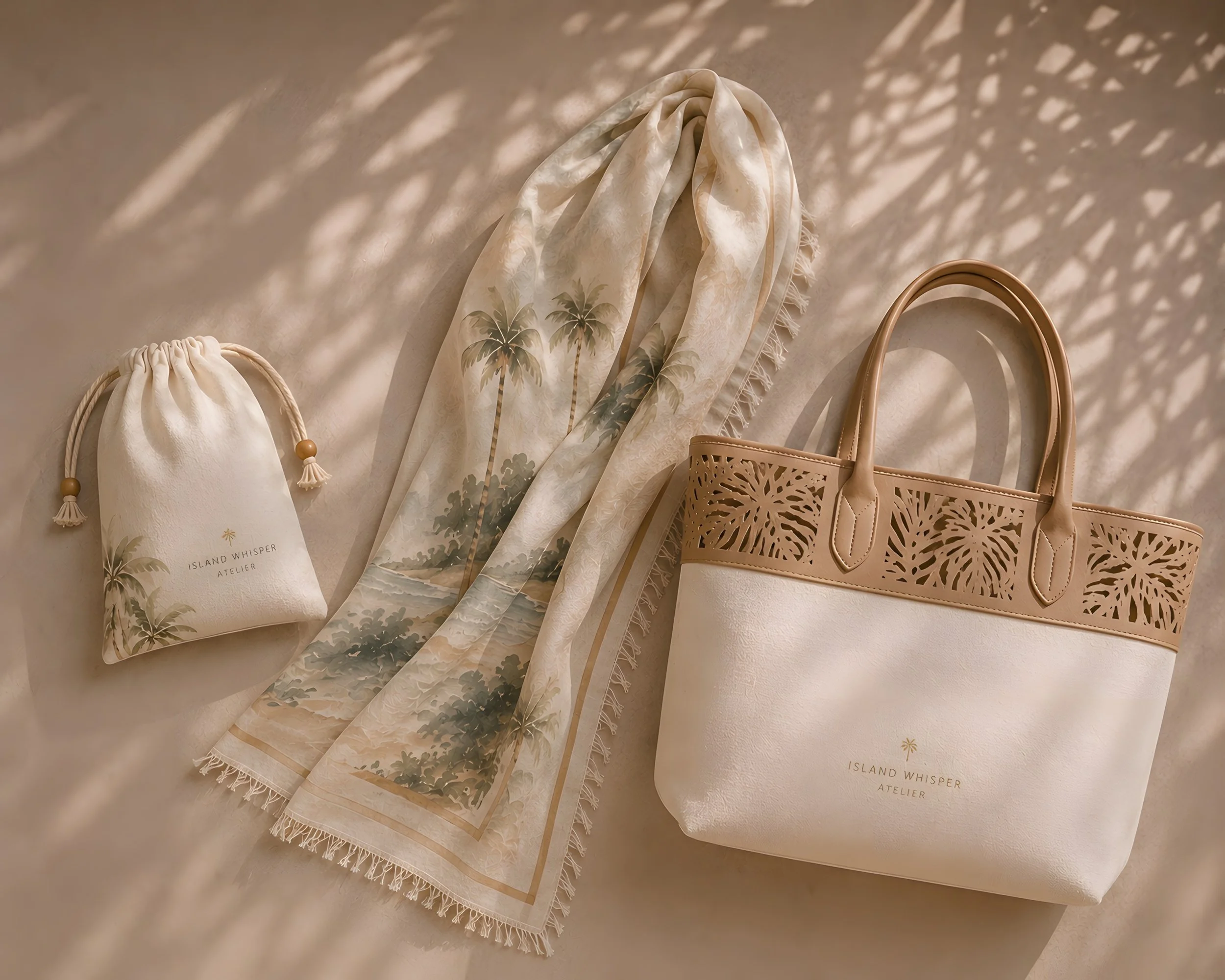Bespoke luxury hospitality collection by Island Whisper Atelier, featuring a destination-inspired sarong, beach bag and pouch designed for the resort guest experience.
