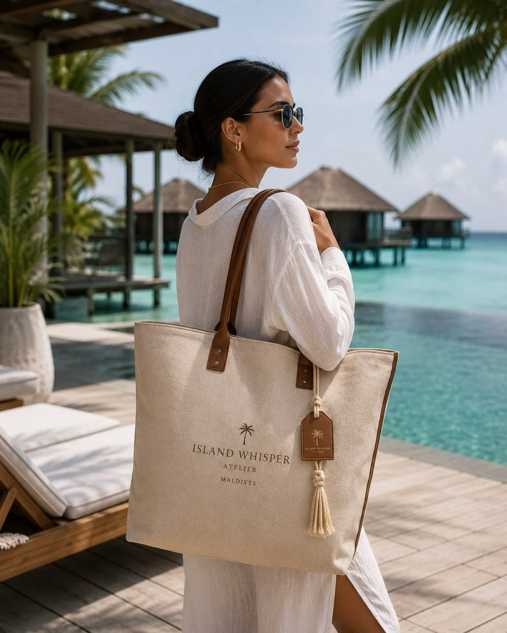 Bespoke Island Whisper Atelier resort tote combining natural canvas and leather, designed around the luxury guest journey.