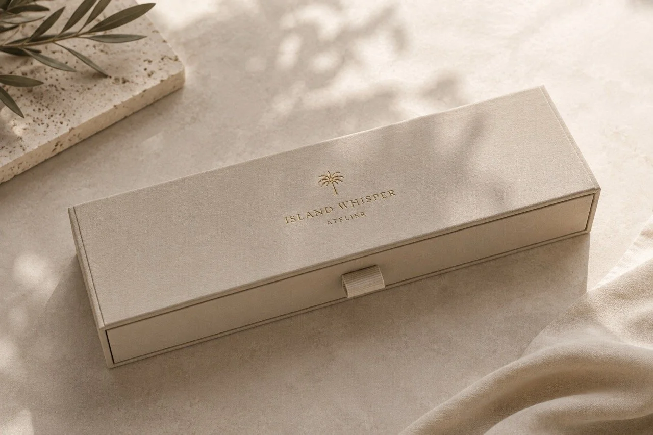 Luxury presentation box for bespoke handcrafted hand fans by Island Whisper Atelier.