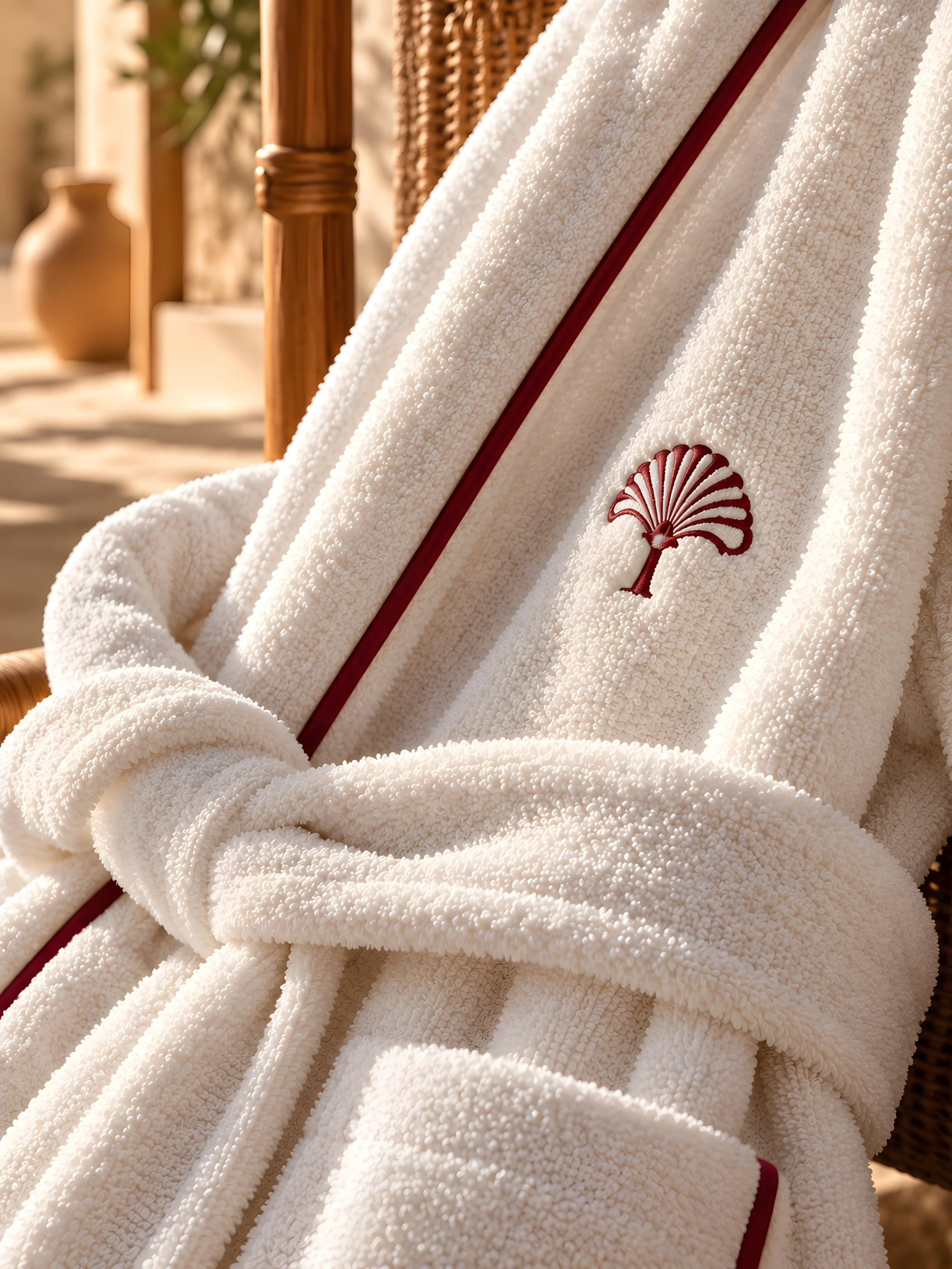 Bespoke hotel bathrobe with custom embroidery and refined detailing, developed for luxury hotels and resorts as part of a coordinated guest experience collection.