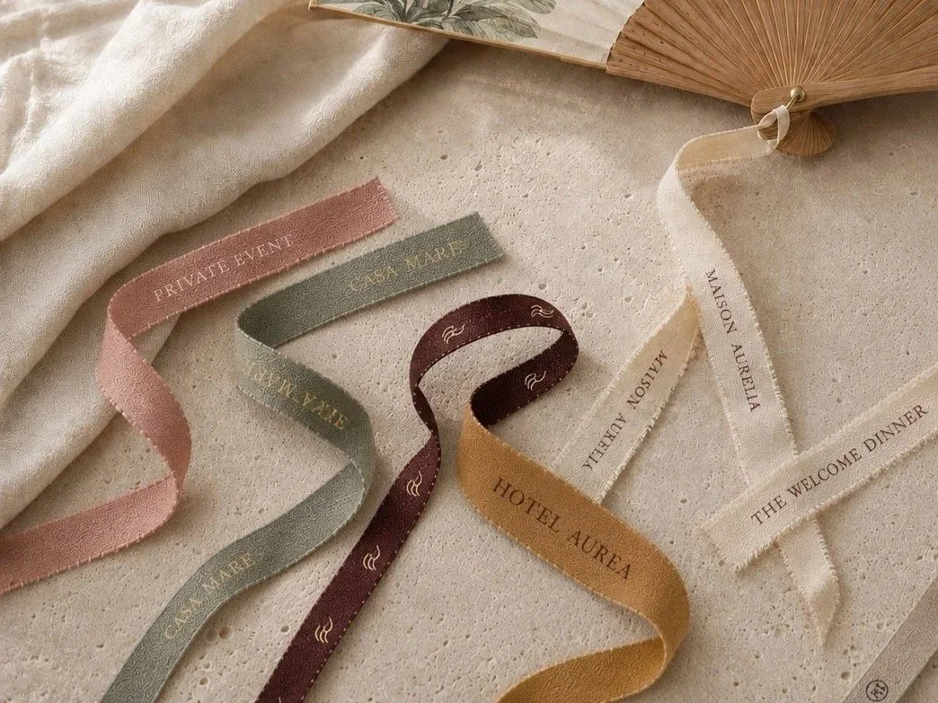 Custom branded cotton ribbons for bespoke luxury hand fans, hotel gifting and events by Island Whisper Atelier