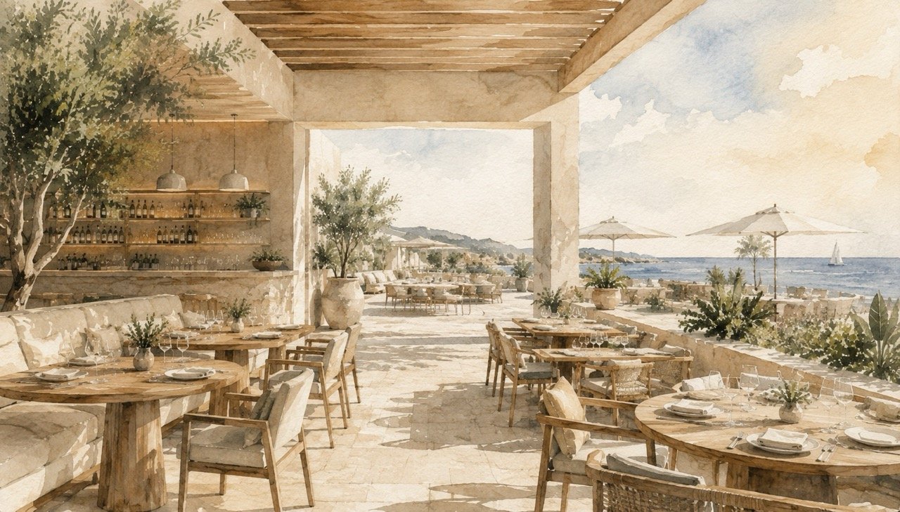 Bespoke restaurant and beach club guest experience inspired by original artwork and luxury hospitality design by Island Whisper Atelier.