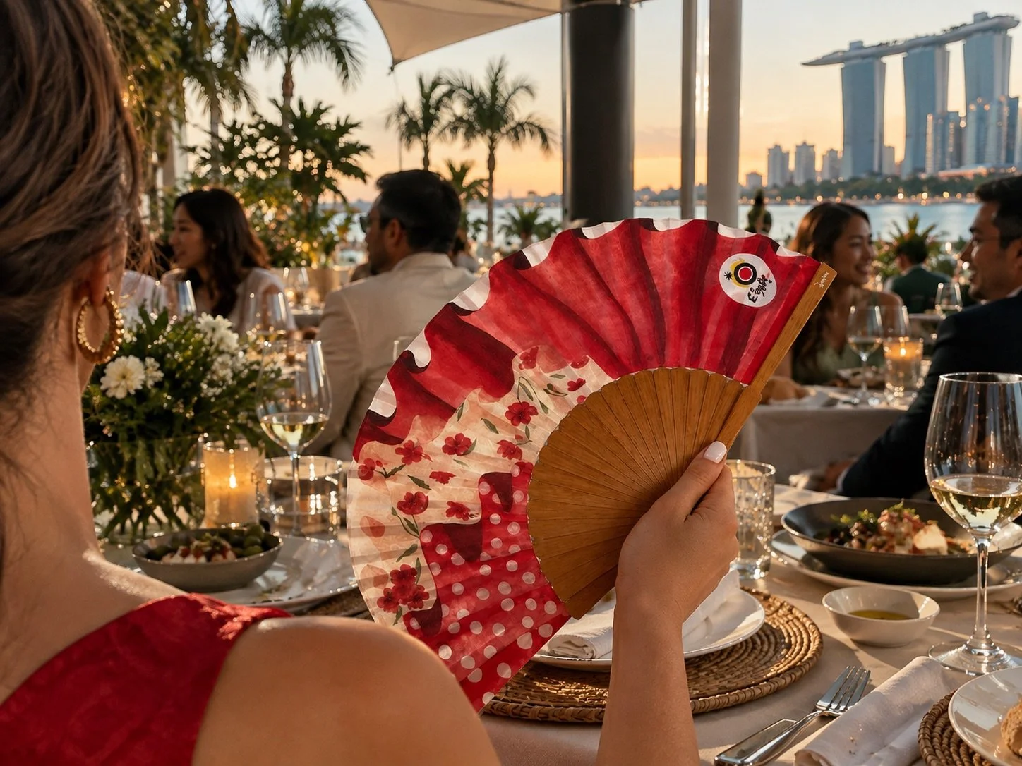 Personalised hand fans by Island Whisper Atelier created for a Turespaña brand event in Singapore, used as gifts for guests.