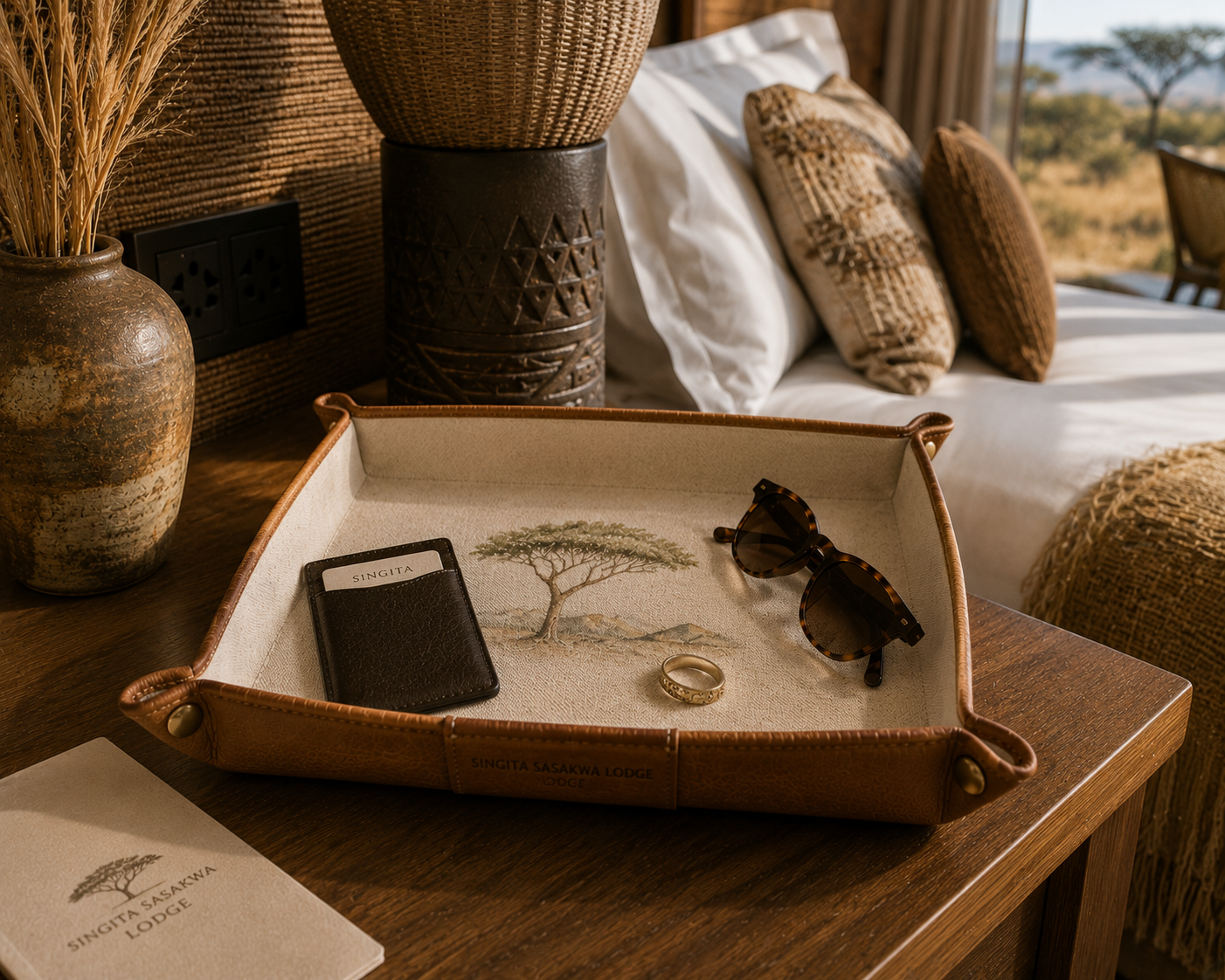 Bespoke leather valet tray and coordinated guest-room accessories created by Island Whisper Atelier for a luxury safari hotel.