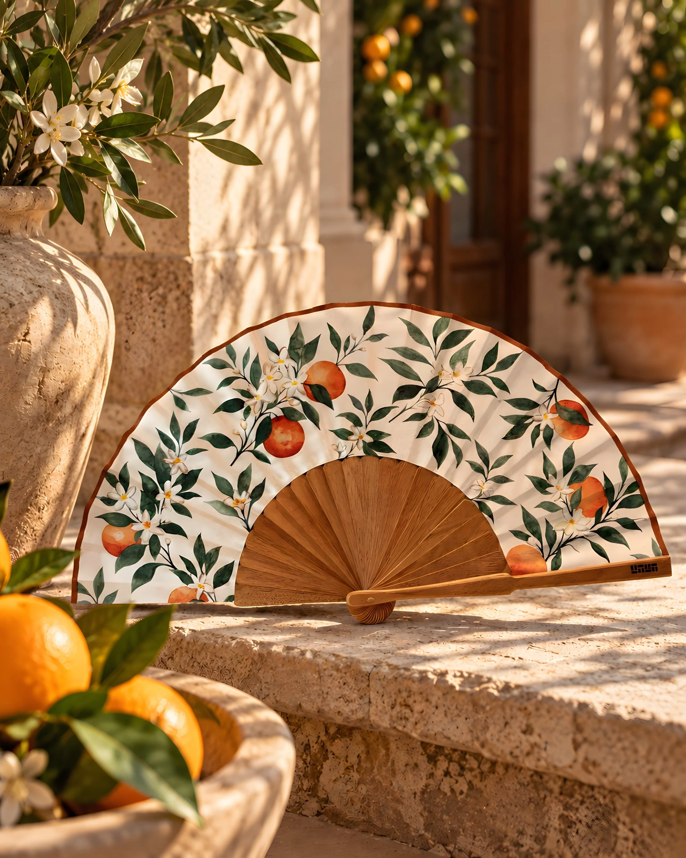 Abanico de lujo personalizado creado por Island Whisper Atelier para Thompson Sevilla, con ilustraciones originales de naranjos inspiradas en la esencia, los colores y la identidad botánica de Sevilla.
