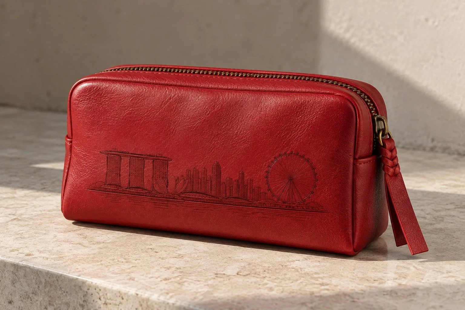Neceser de viaje de piel roja a medida con el skyline de Singapur grabado, creado por Island Whisper Atelier para hospitality y regalos de lujo.