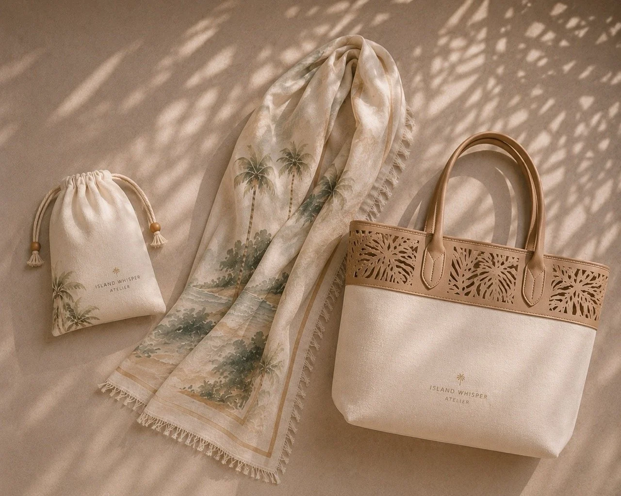 Bespoke scarf and resort bag collection featuring original destination-inspired artwork translated across different materials.