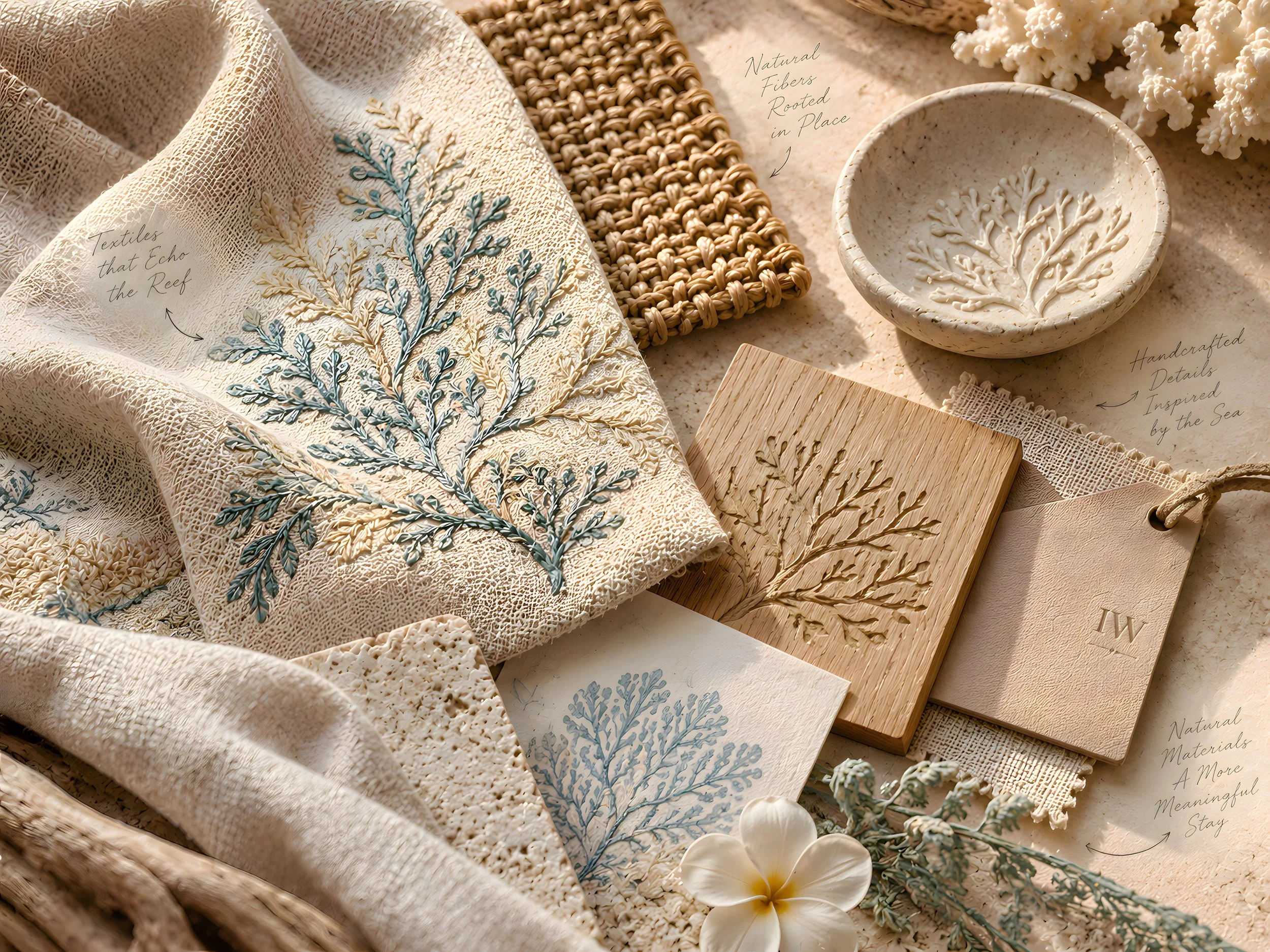 Estudio de materiales para hotel de lujo con textiles bordados, fibras naturales, madera grabada y acabados táctiles desarrollados por Island Whisper Atelier.