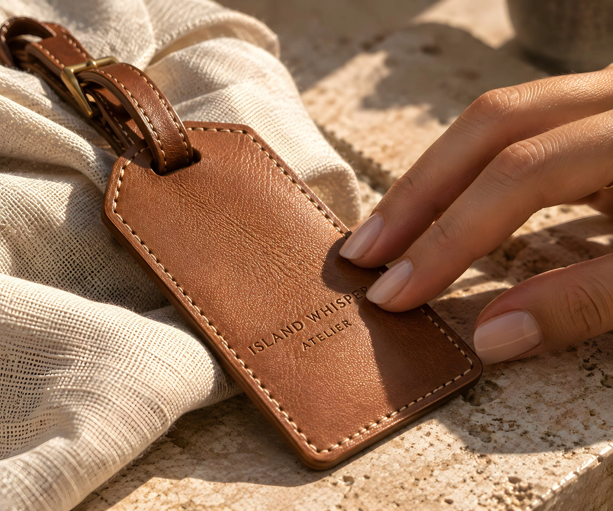 Hand-stitched leather luggage tag, an example of bespoke luxury gifting for hotels and brands by Island Whisper Atelier.