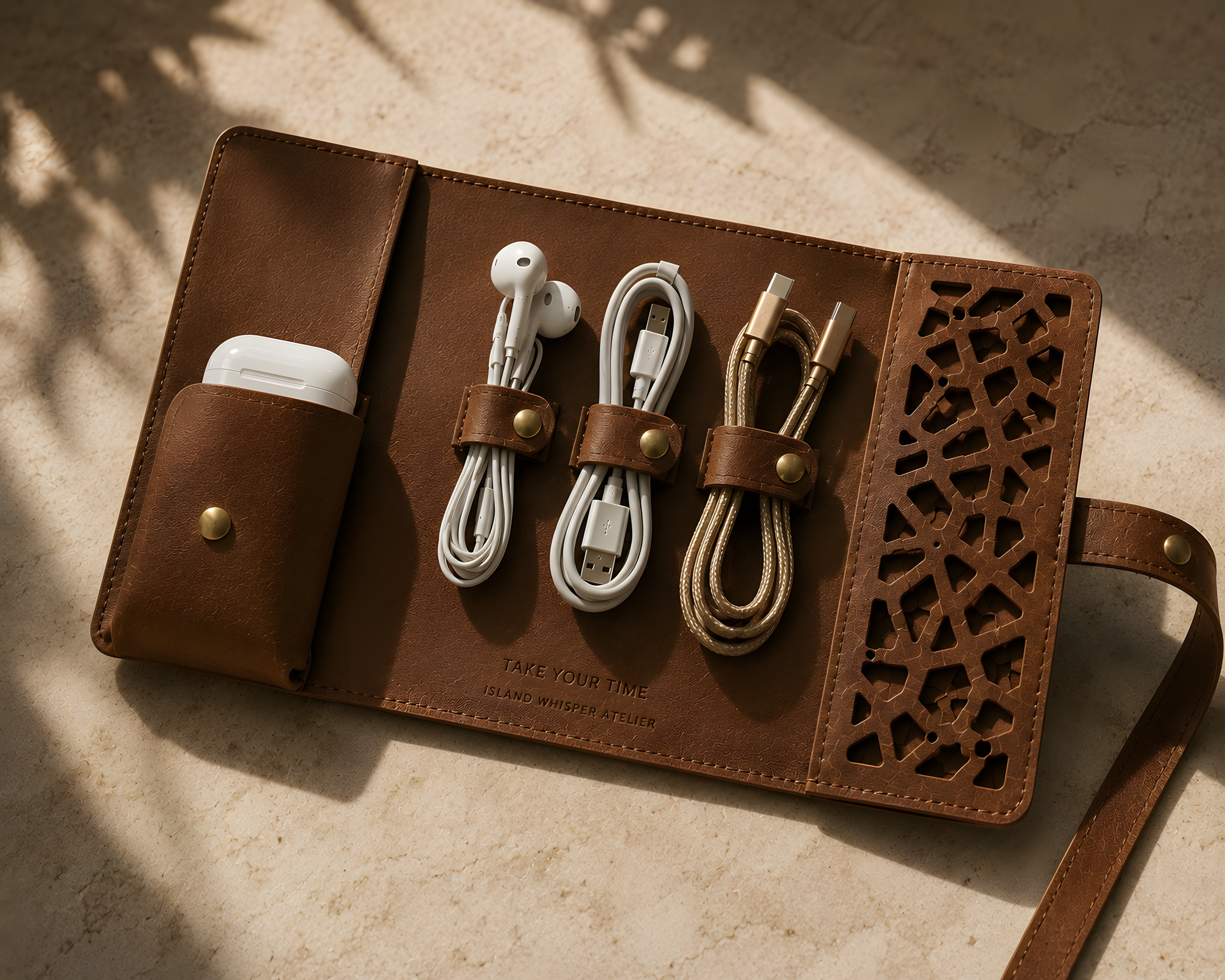 Bespoke leather tech organizer by Island Whisper Atelier, designed as a refined and practical luxury gift for hotels, brands and events.