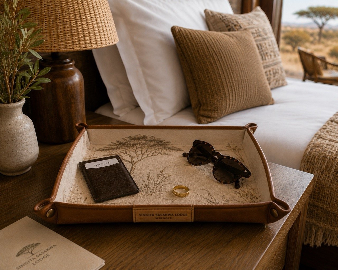 Bespoke guest-room valet tray with safari-inspired artwork, designed by Island Whisper Atelier for luxury hotel experiences.