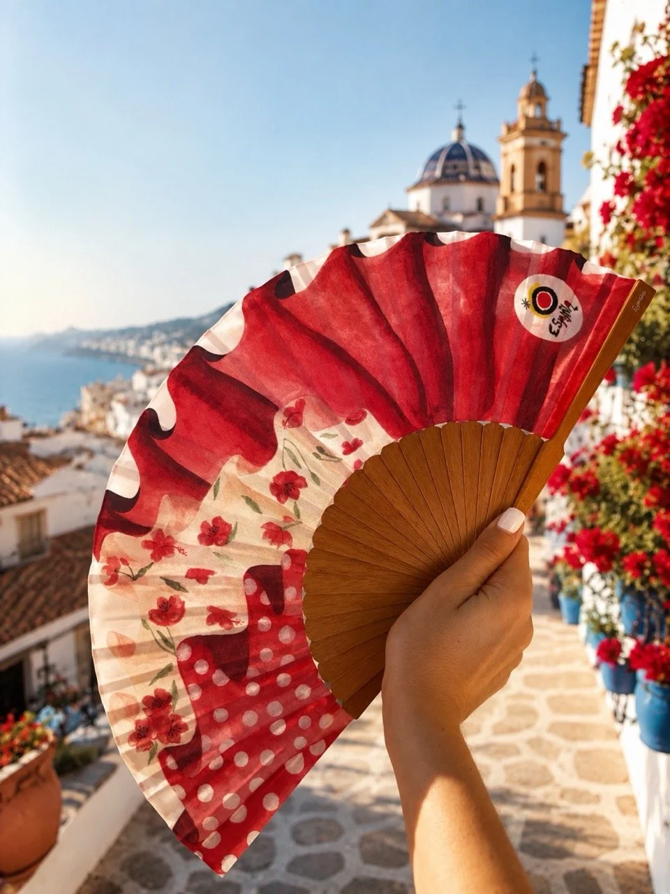 Bespoke hand fan created for Turespaña, translating Spanish colour, culture and destination identity into a memorable guest gift.