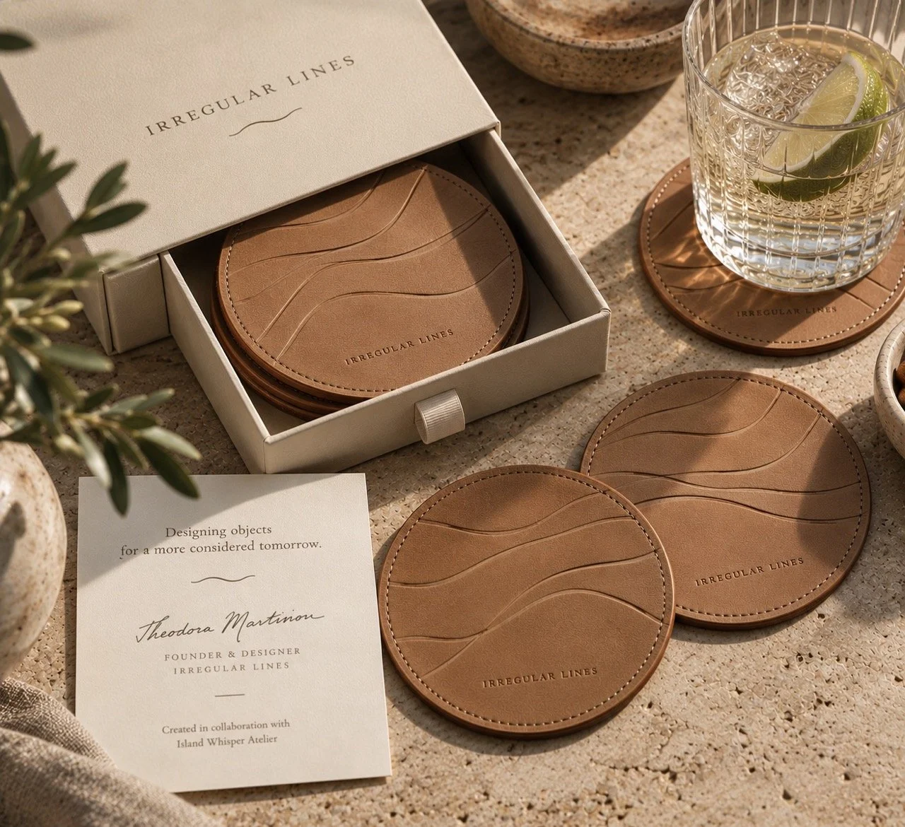 Bespoke leather coasters designed for Irregular Lines Singapore by Island Whisper Atelier, featuring handcrafted embossed line details and personalised luxury packaging.