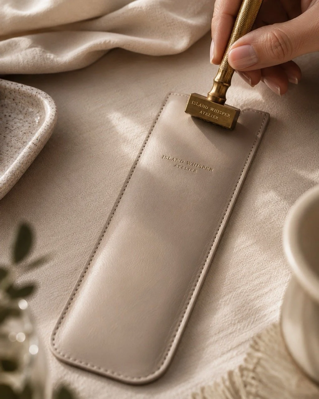 Bespoke leather hand fan pouch with gold embossed branding, handcrafted and personalised by Island Whisper Atelier for luxury hospitality, gifting and events.