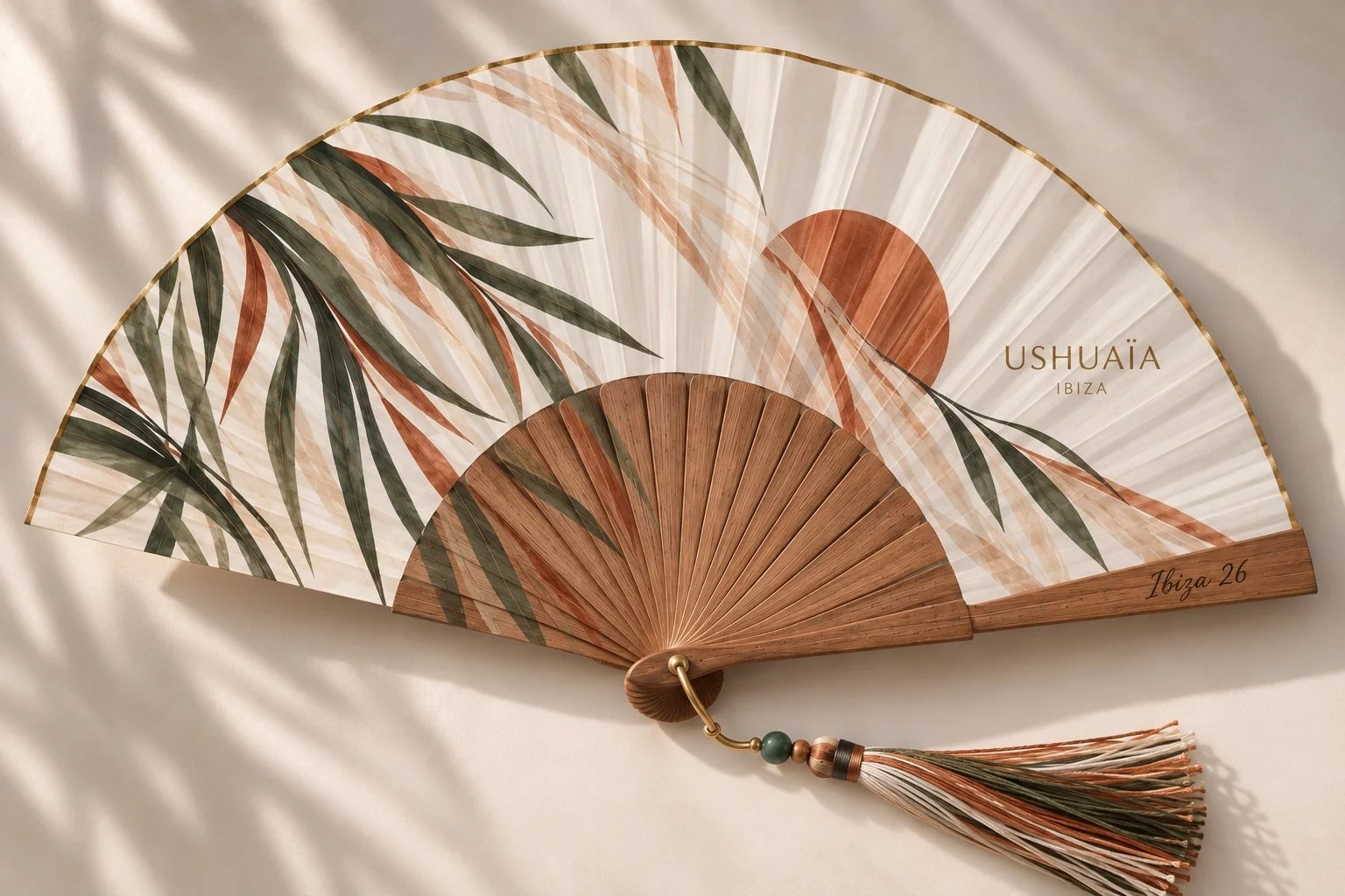 Bespoke luxury hand fan with original watercolor artwork and hand-painted sandalwood by Island Whisper Atelier for an Ibiza brand experience.