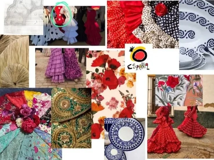 Creative inspiration board featuring Spanish fabrics, flowers, colours and cultural references shared by Turespaña to inspire the bespoke luxury hand fan collection.