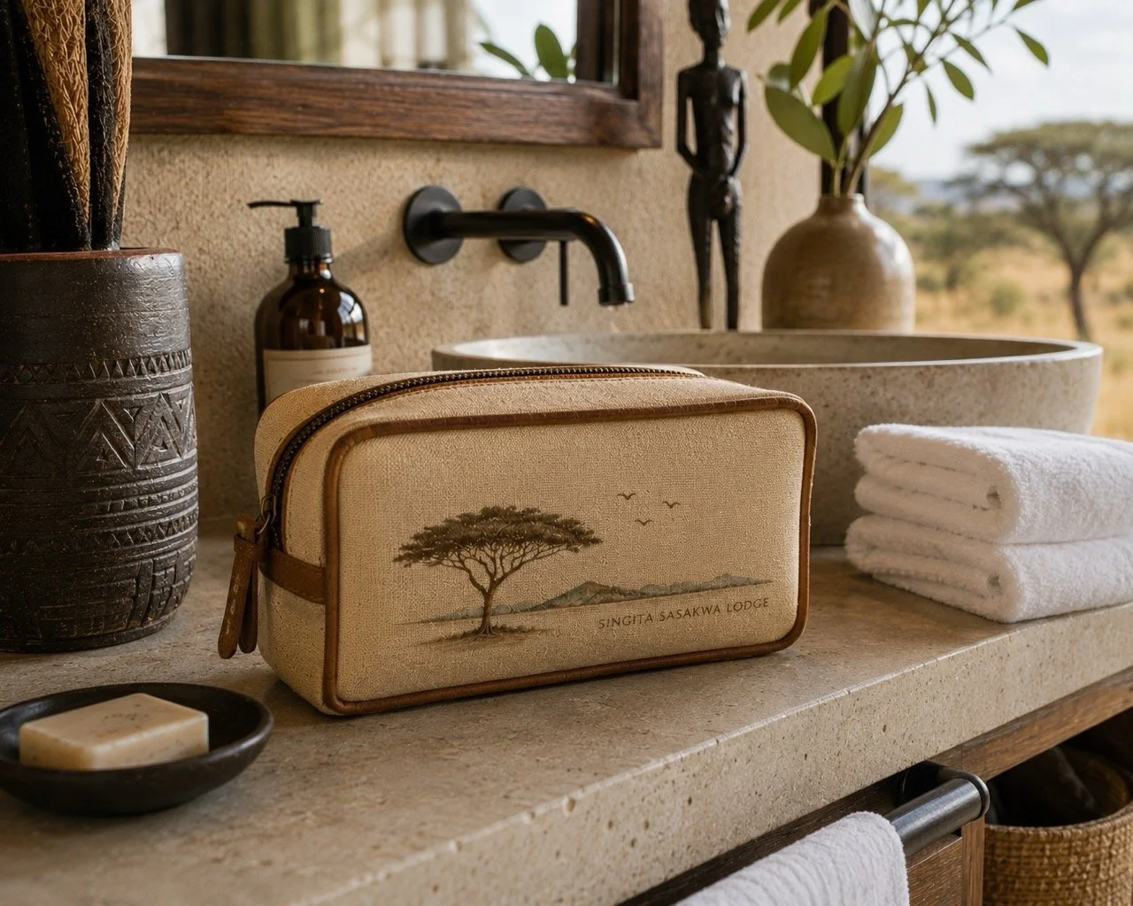 Bespoke safari-inspired toiletry pouch in a hotel bathroom setting, designed as a functional guest amenity with a strong sense of place.