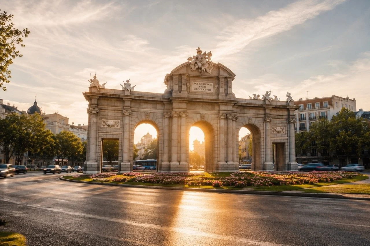 Puerta de Alcalá in Madrid representing destination tourism and bespoke luxury gifting for the Madrid Destino project by Island Whisper Atelier.