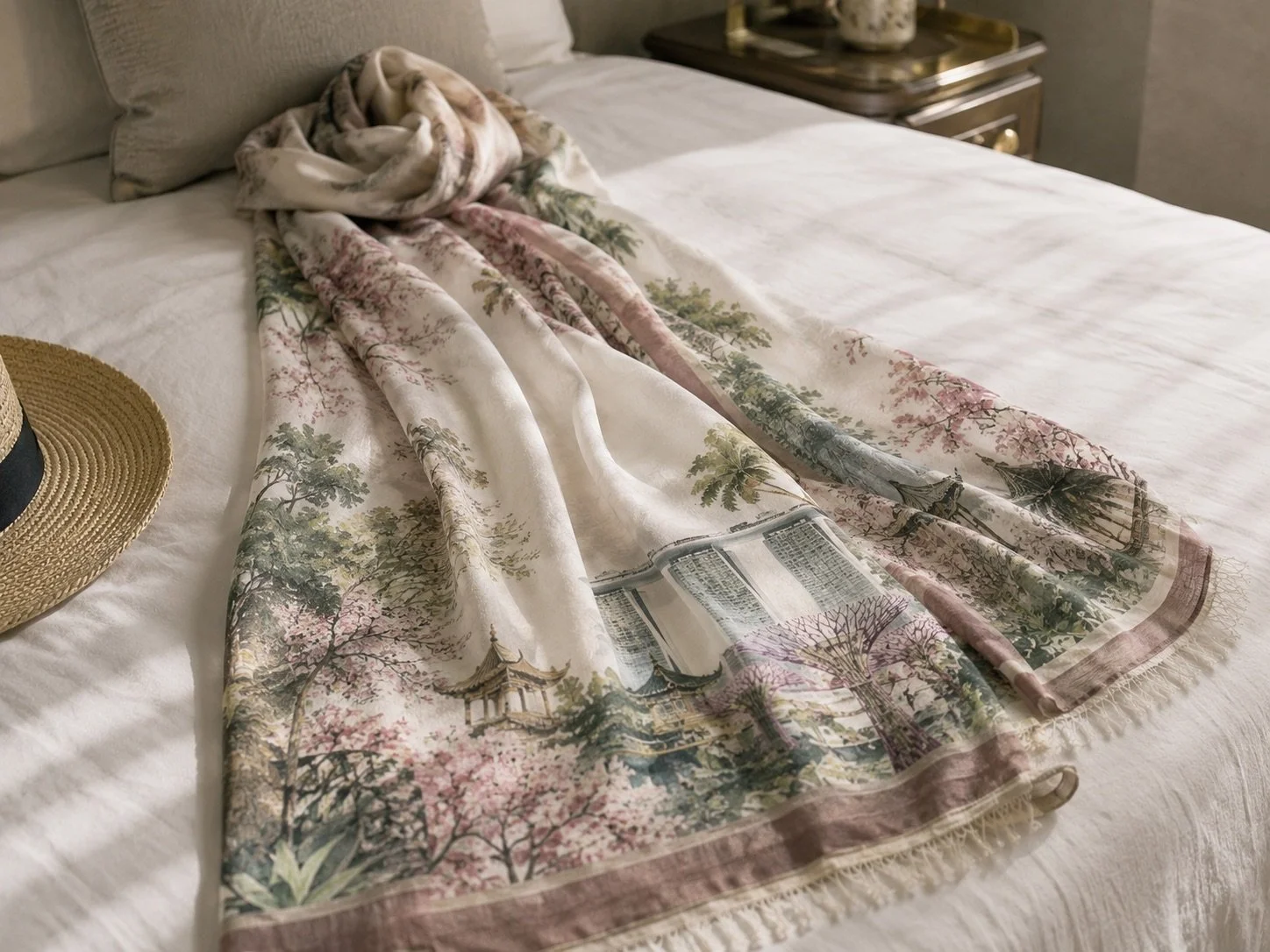 Bespoke destination-inspired scarf by Island Whisper Atelier, designed as a luxury hotel guest gift with original artwork and a strong sense of place.