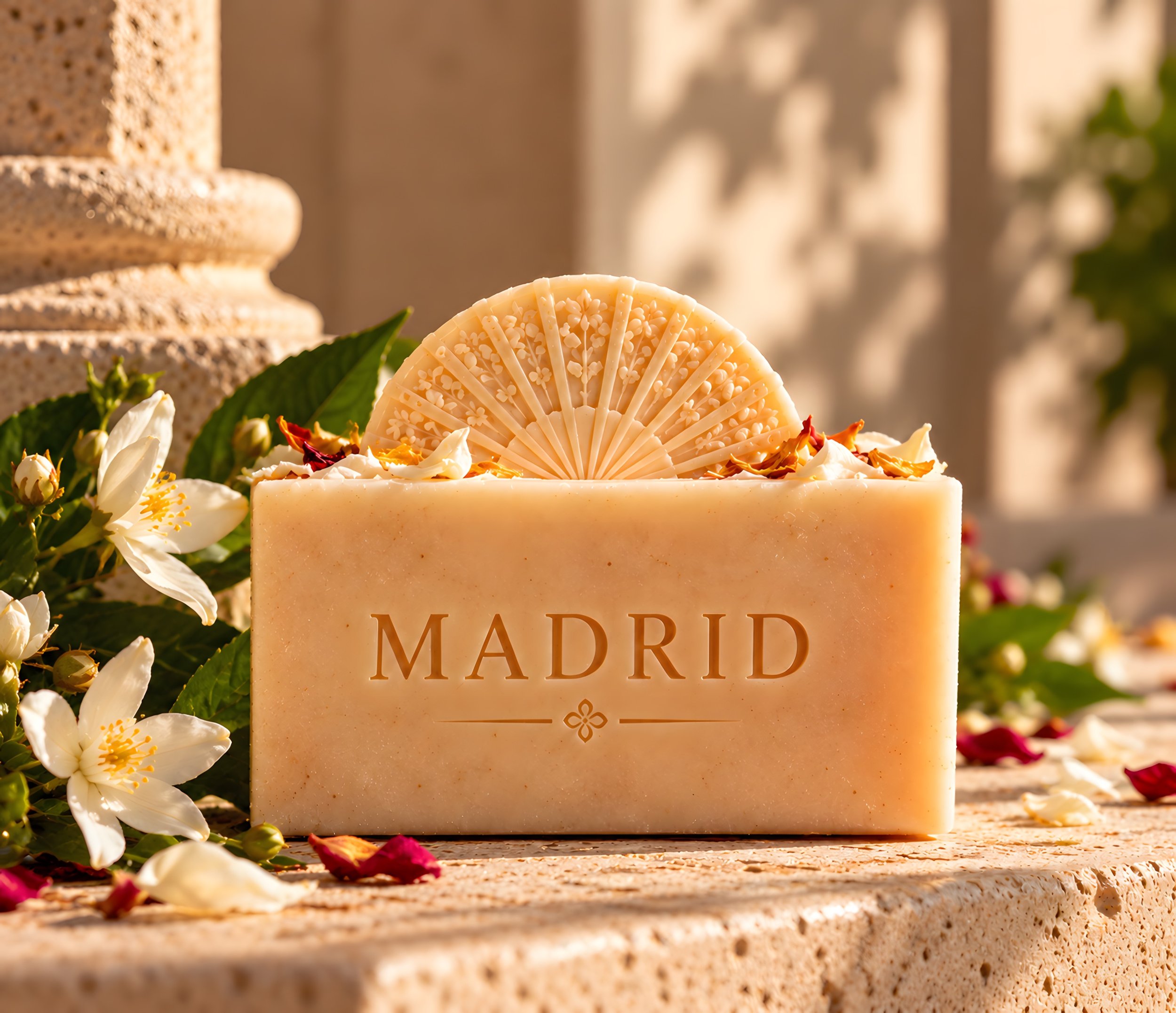 Bespoke sensory guest experience inspired by Madrid, combining a sculptural scented soap and handcrafted fan designed by Island Whisper Atelier for luxury hospitality.
