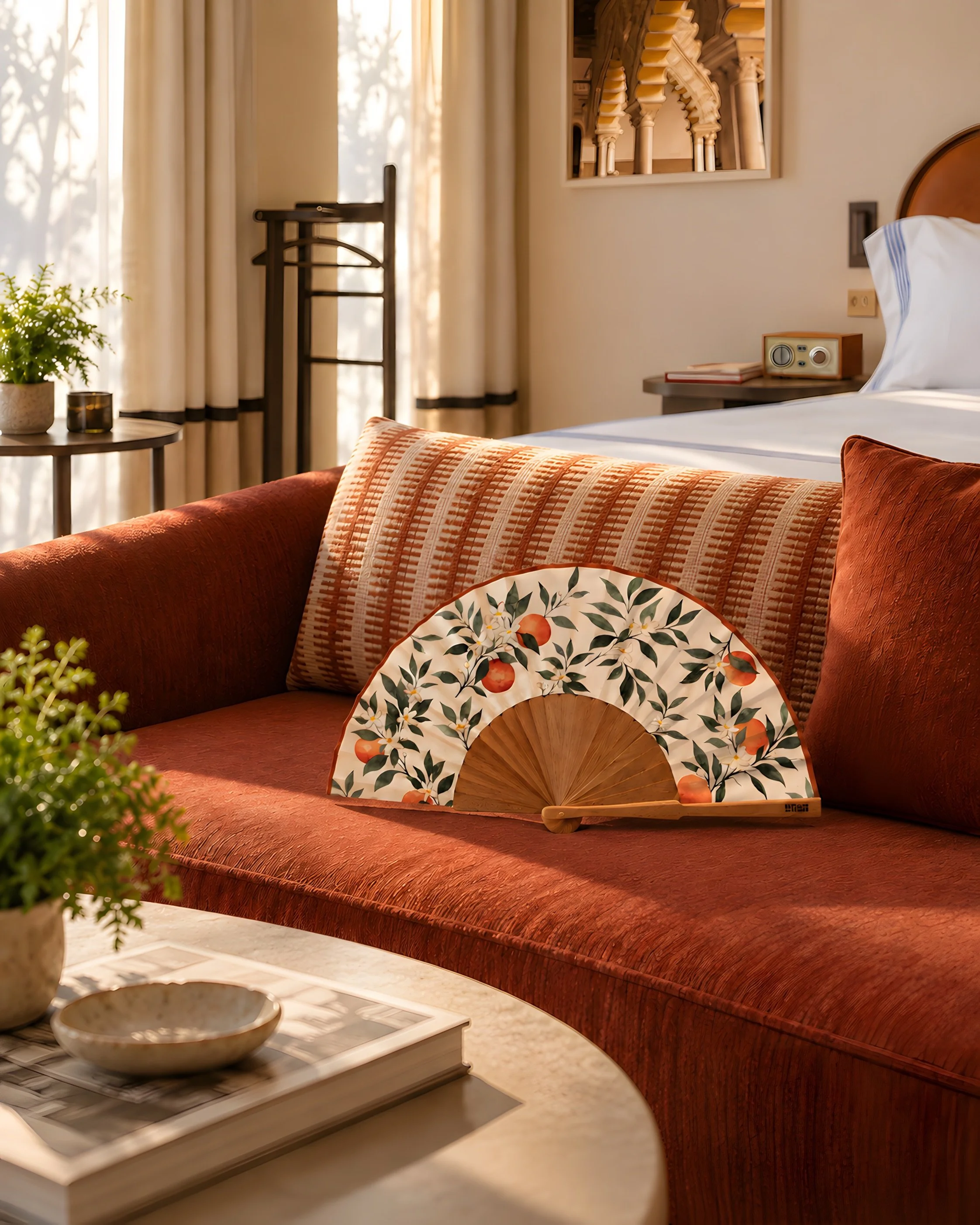 Created for Thompson Seville, Spain, this bespoke hand fan by Island Whisper Atelier pairs original watercolour artwork of orange trees and blossoms with natural wood and a hand-painted ochre edge. A distinctive amenity for guests to enjoy and keep.
