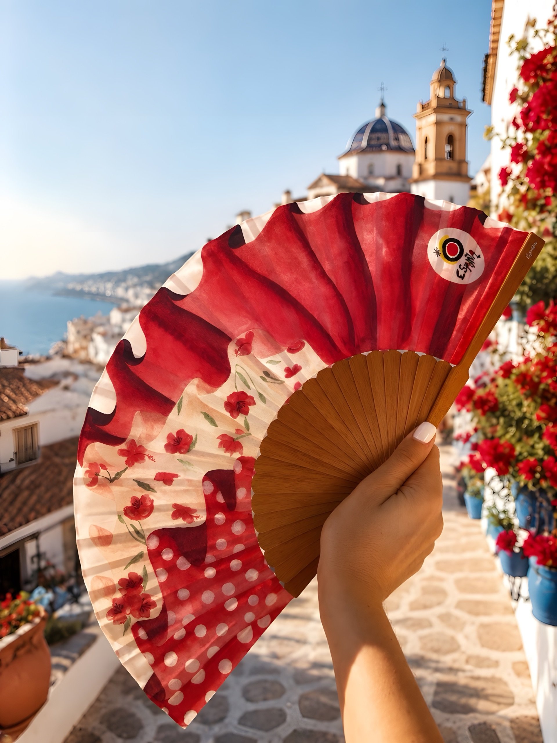 Bespoke luxury hand fan created by Island Whisper Atelier for Turespaña, featuring original artwork inspired by the colour, culture and spirit of Spain.
