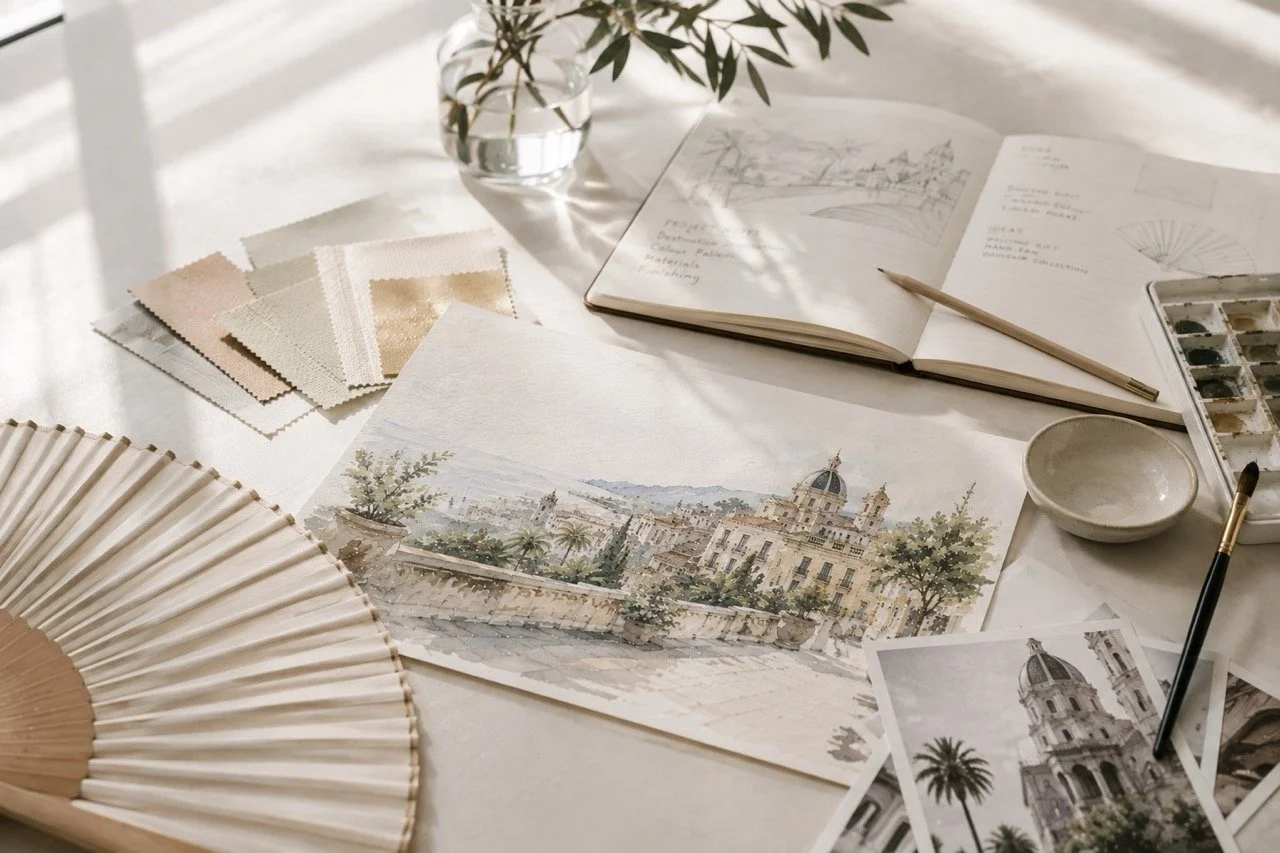 Creative design process for government and tourism projects with destination watercolour artwork, handcrafted hand fan and material samples by Island Whisper Atelier.