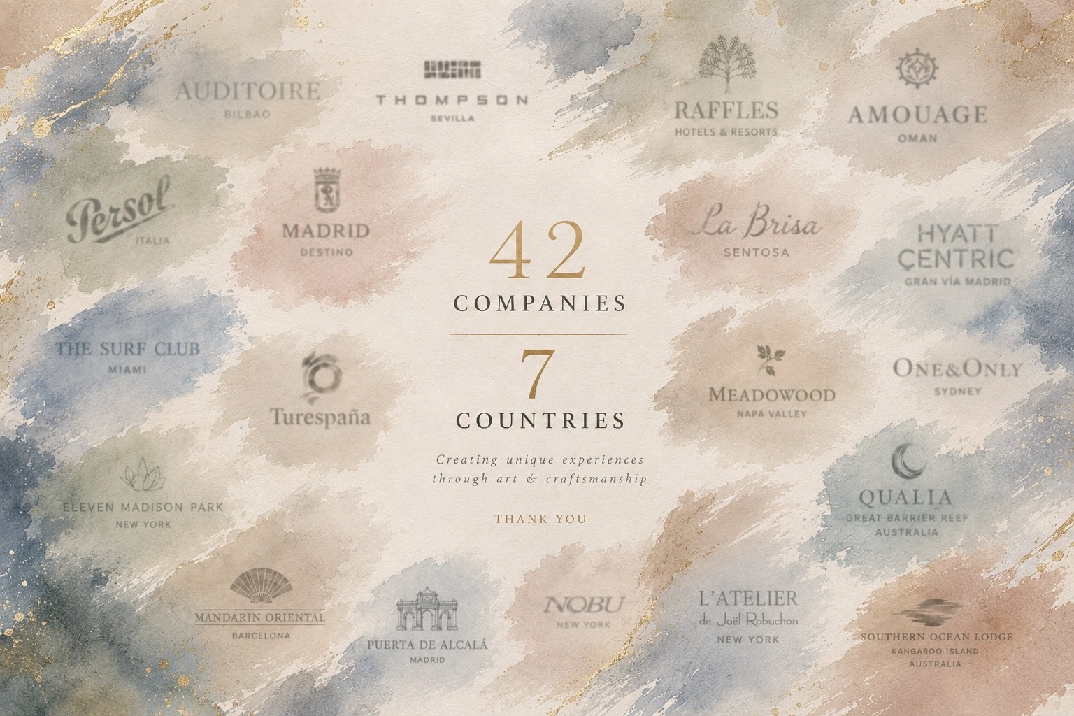 A decorative map-style graphic featuring logos and names of 42 companies from 7 countries, centered around the text '42 COMPANIES 7 COUNTRIES' with a subtitle about art and craftsmanship, and a 'Thank You' note.