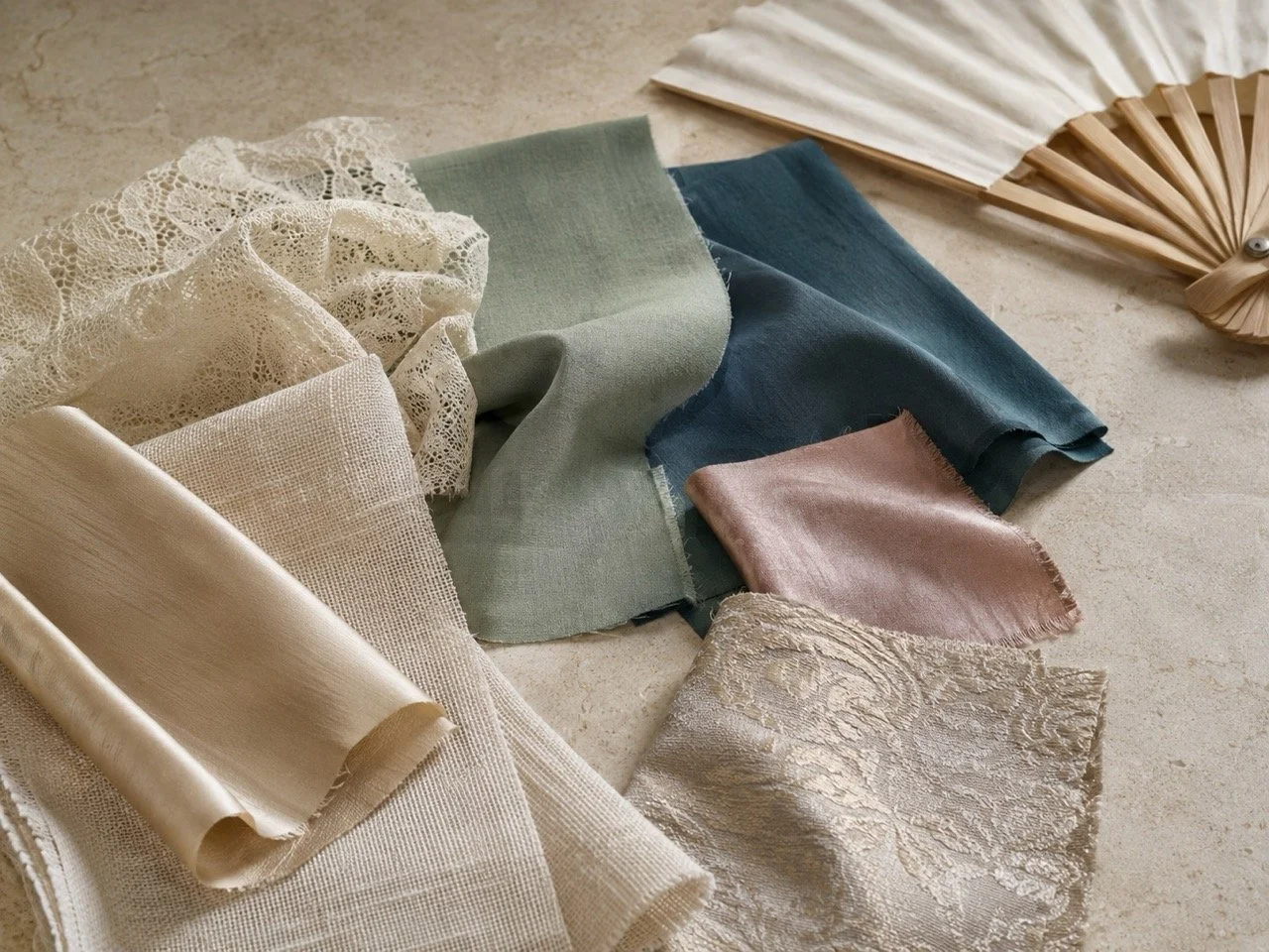 Fine lace, linen, satin and textured fabrics selected for bespoke luxury hand fans by Island Whisper Atelier