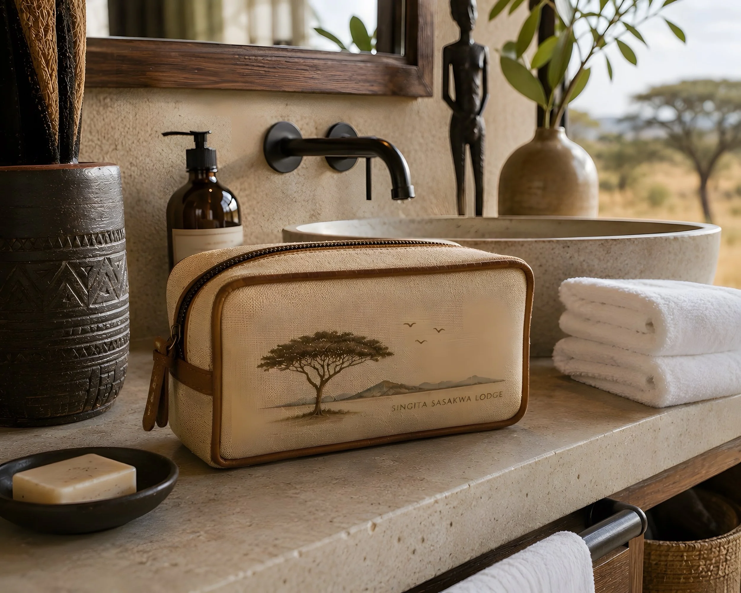 Neceser bespoke para hotel de safari con diseño inspirado en el paisaje africano, creado por Island Whisper Atelier como amenity de lujo para huéspedes.