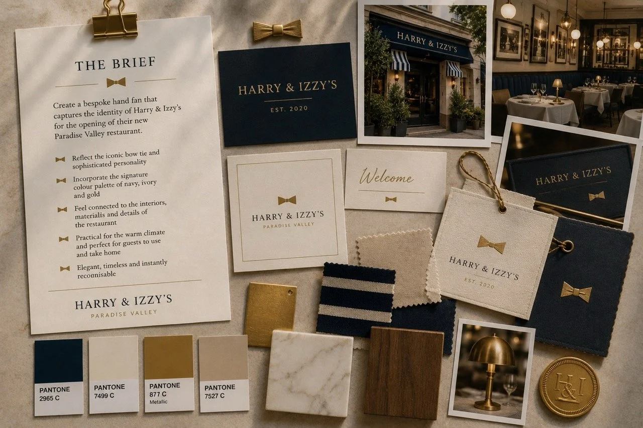 Bespoke hand fan design brief for Harry & Izzy’s restaurant, inspired by its iconic bow ties, gold accents, colour palette and distinctive restaurant identity, by Island Whisper Atelier.