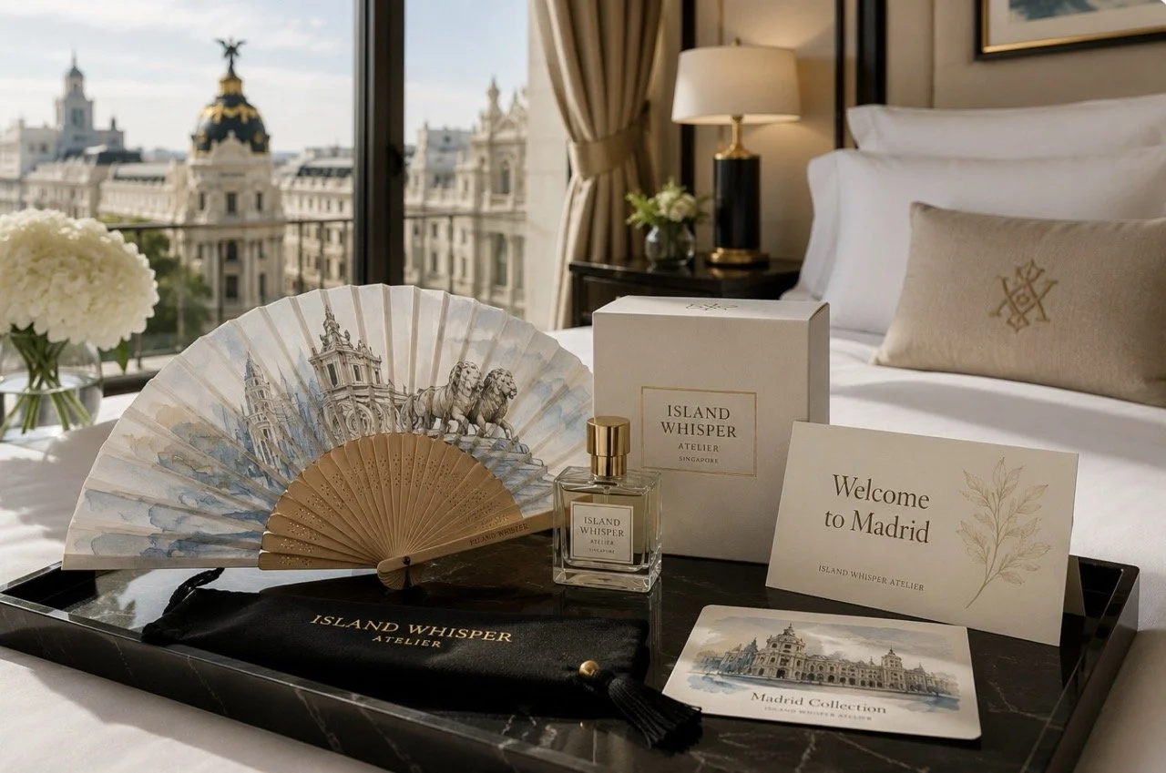 Bespoke Madrid-inspired hand fan presented as part of a luxury hotel welcome experience, connecting guests with the destination.
