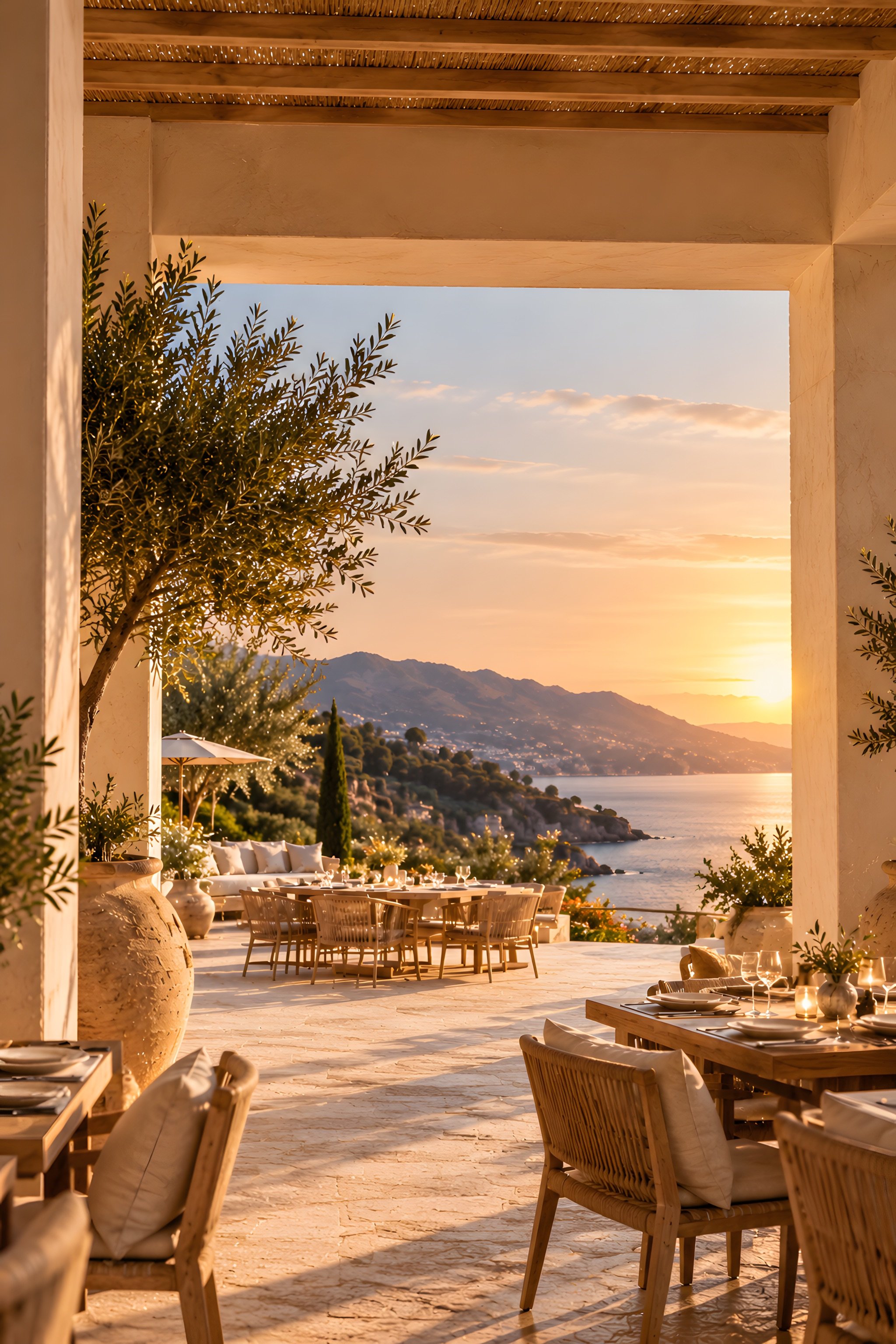 Terraza de hotel de lujo al atardecer frente al mar, evocando la primera llegada y la experiencia del huésped en una apertura hotelera.