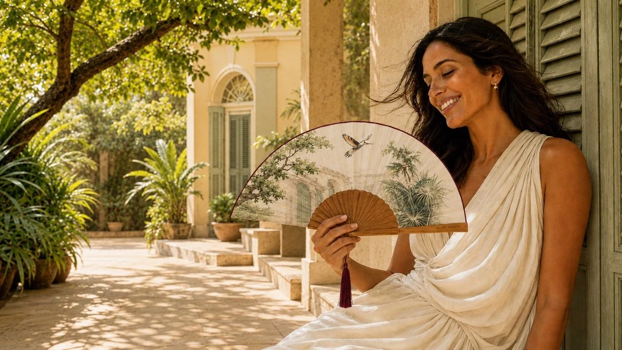 Elegant woman enjoying a bespoke luxury hand fan featuring original bird and landscape artwork by Island Whisper Atelier