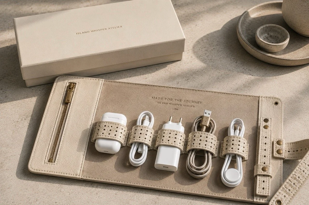 Bespoke leather travel organiser for cables and personal accessories, conceived as a practical premium  corporate gift.