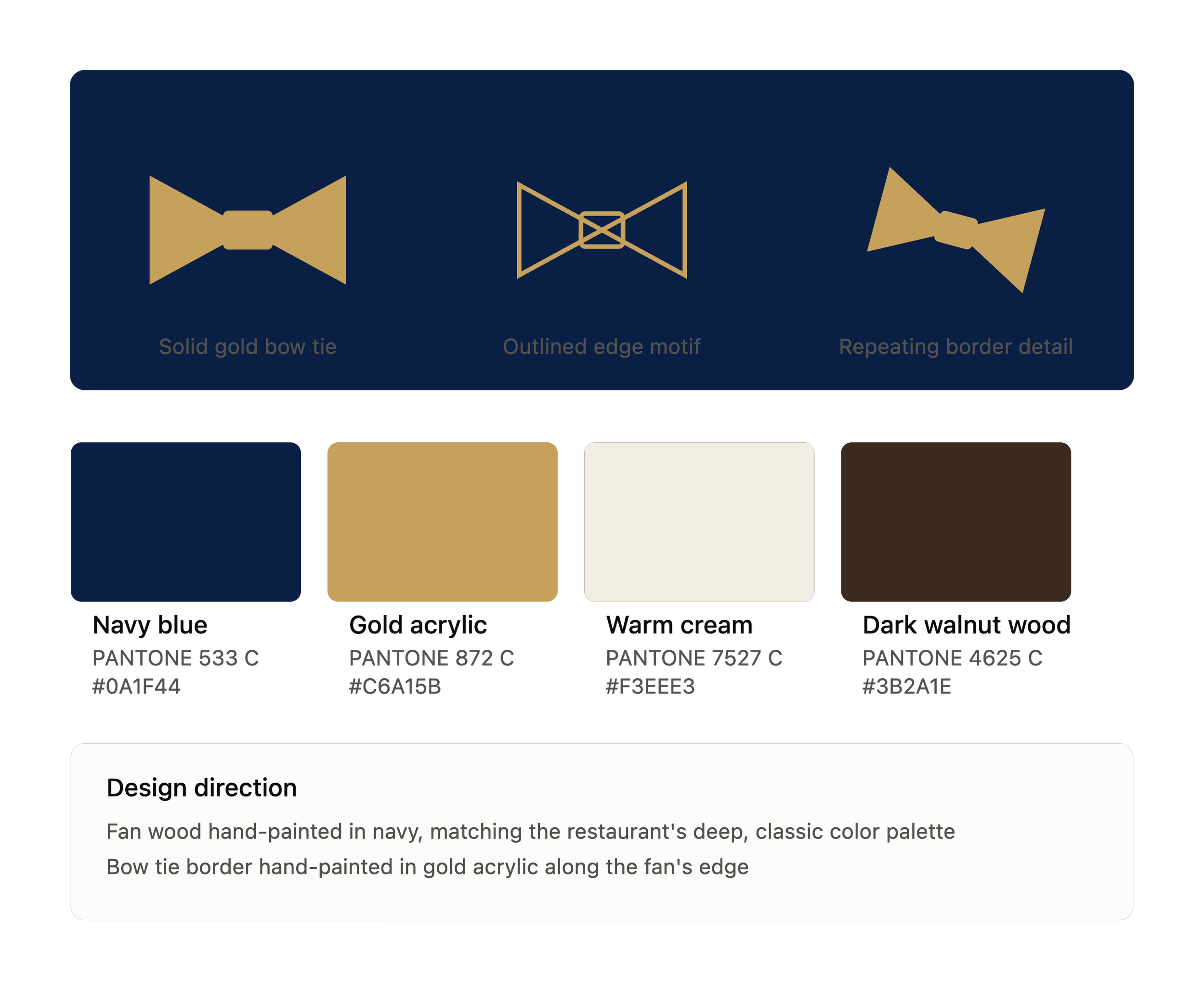 Design instructions for a fan wood bow tie with gold acrylic border and navy blue fan shape