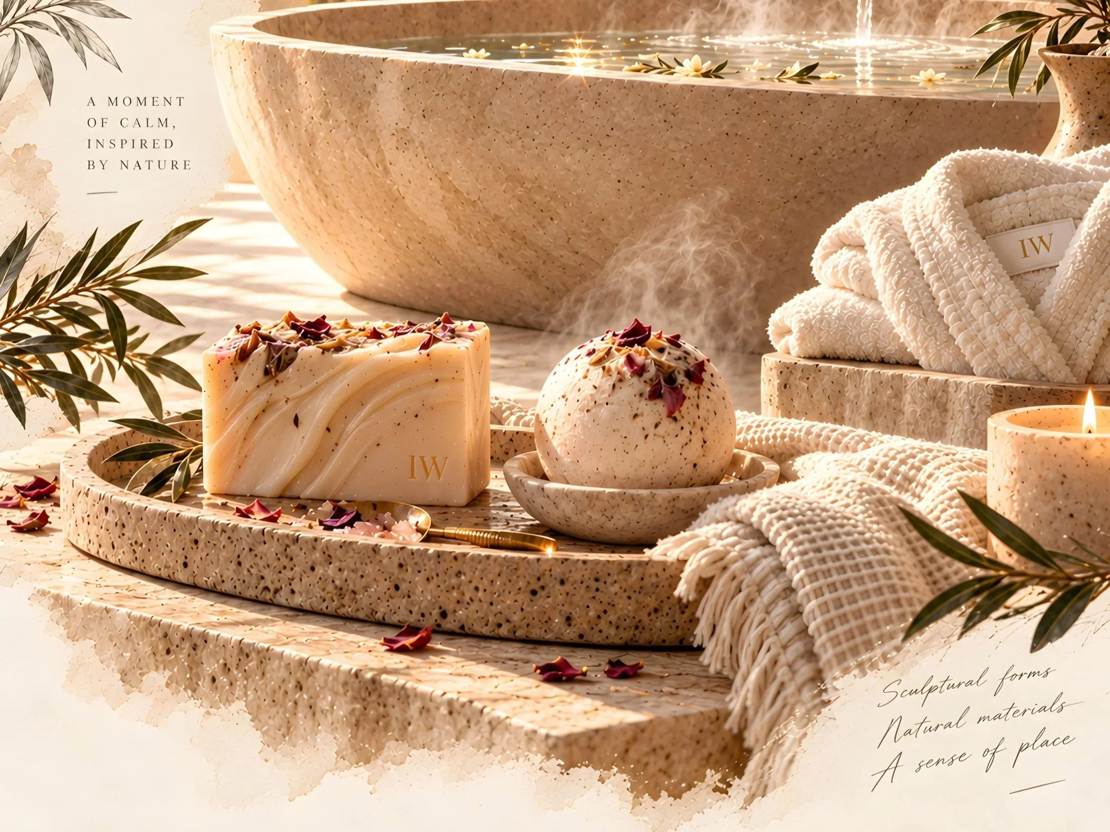 Concepto de ritual sensorial para baño de hotel con jabón a medida, bomba de baño, piedra natural y detalles spa de Island Whisper Atelier.