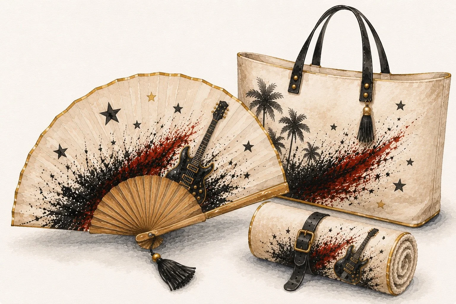 Set of three fashion accessories with a rock and palm tree design, including a folding fan, a tote bag, and a rolled-up yoga mat. Each item features black, red, and beige splashes with star and palm tree motifs.