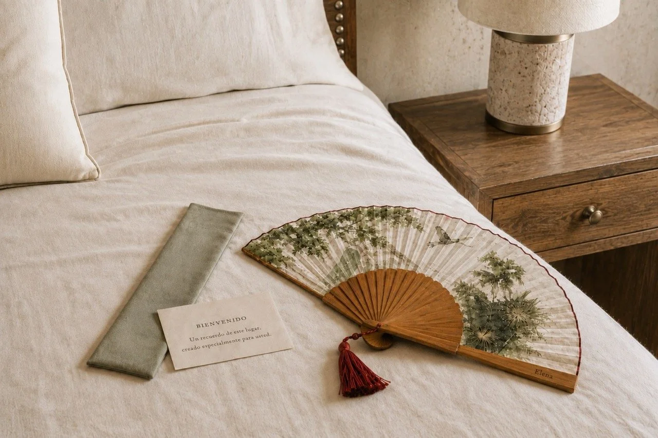 Bespoke hand fan by Island Whisper Atelier presented as a luxury hotel welcome amenity, with botanical artwork, natural wood and handcrafted details for hotels and resorts.