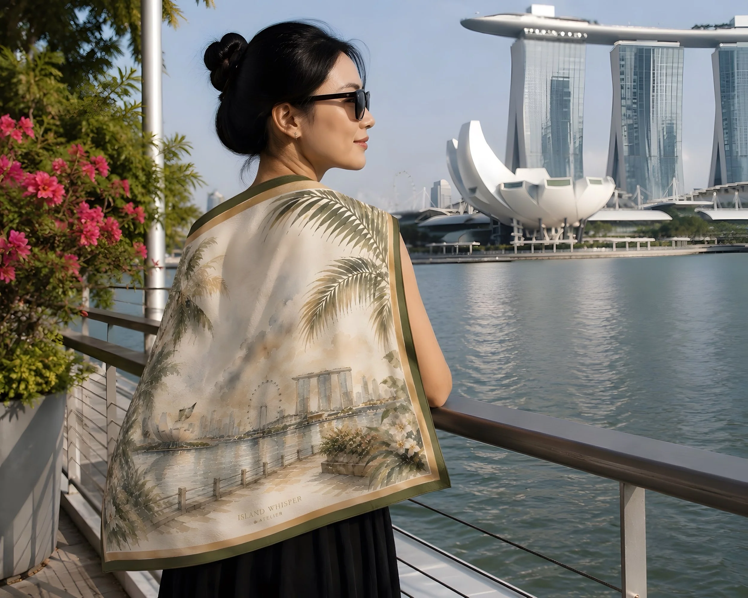 Destination-inspired silk scarf featuring original Singapore artwork, designed by Island Whisper Atelier as wearable art and luxury gifting.