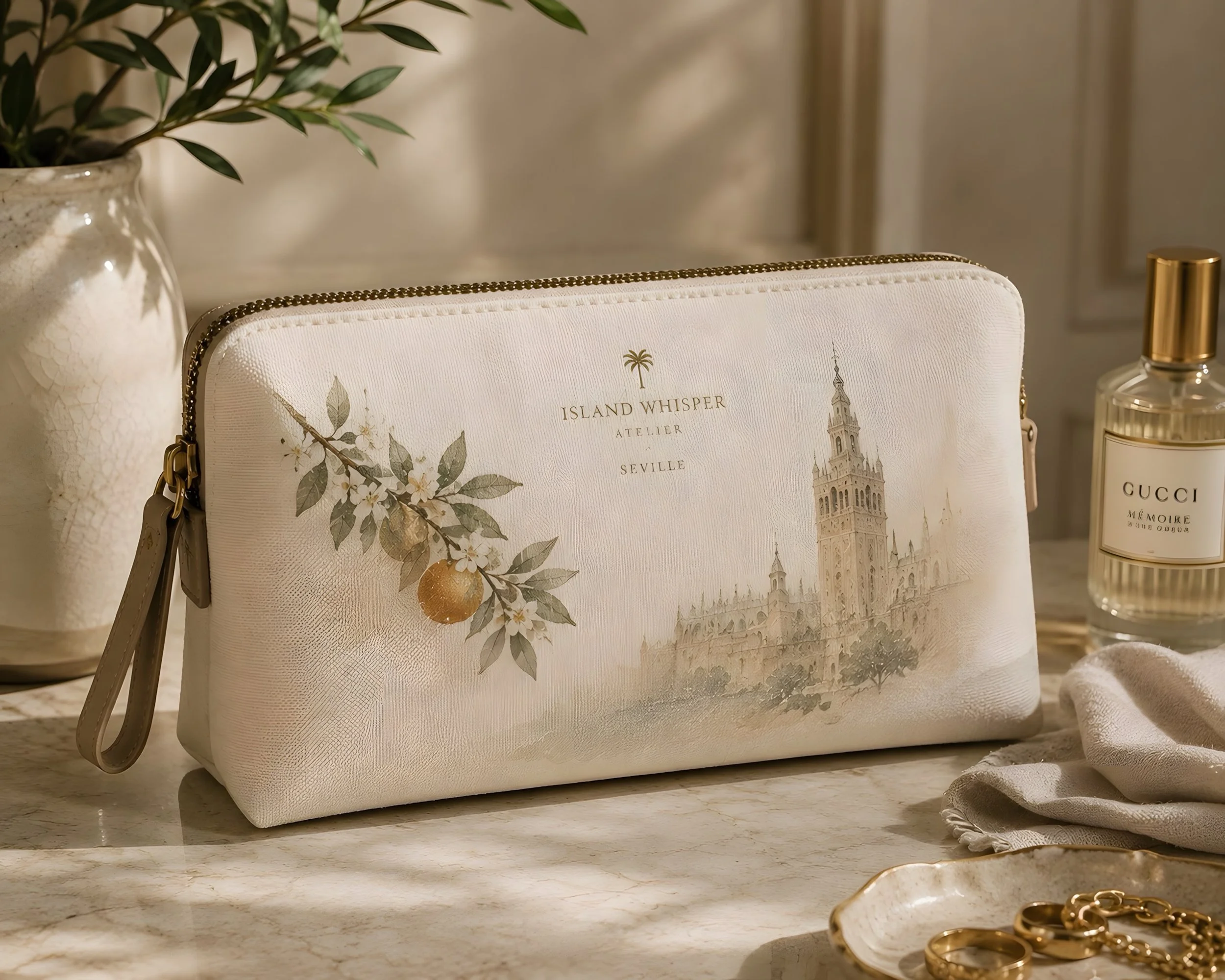 Bespoke luxury hotel amenity bag by Island Whisper Atelier, featuring destination-inspired artwork of Seville and designed as a refined guest room detail.

