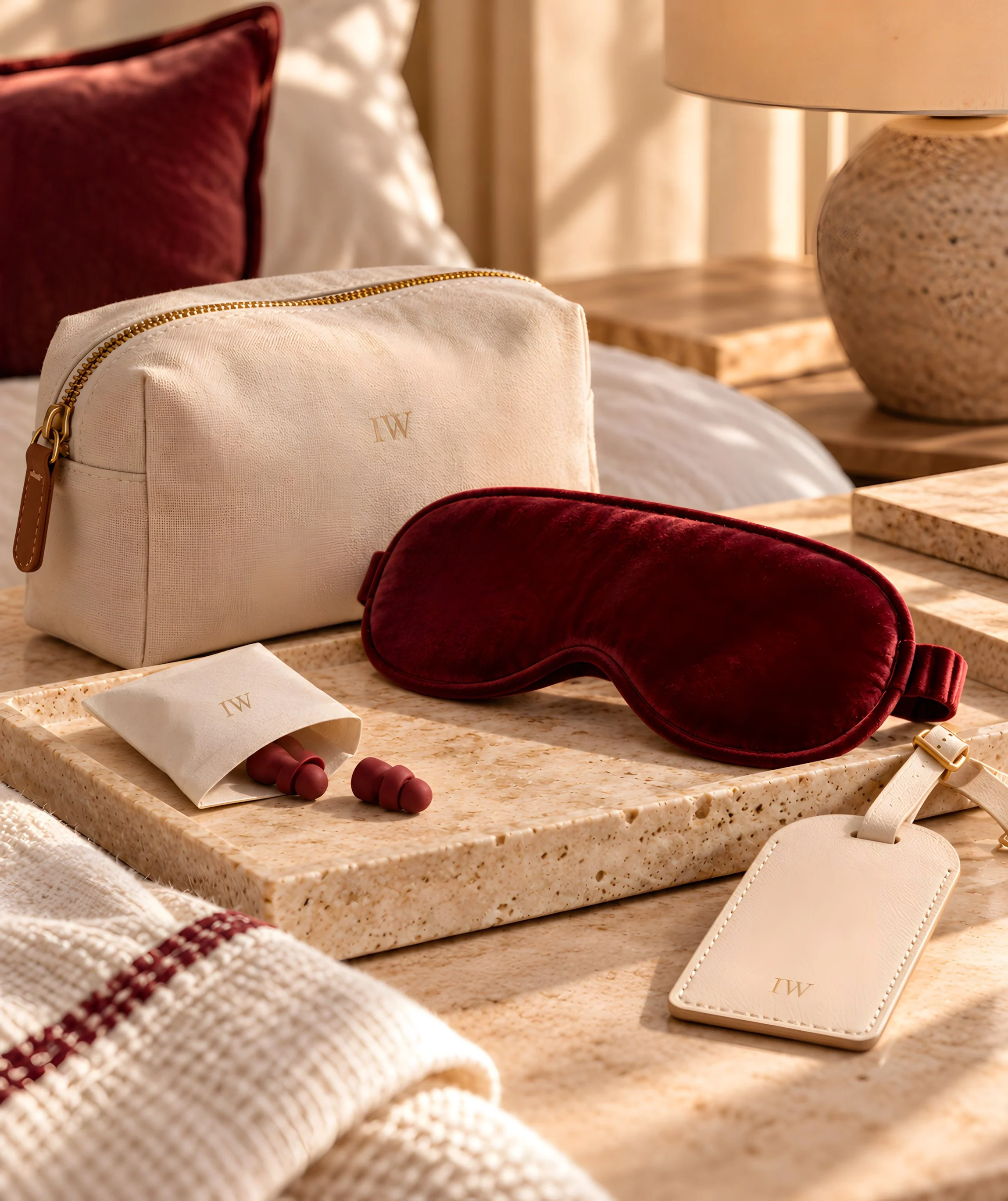 Guest-room and travel accessories including a velvet sleep mask, pouch and luggage tag, developed as part of a coordinated luxury hospitality collection.