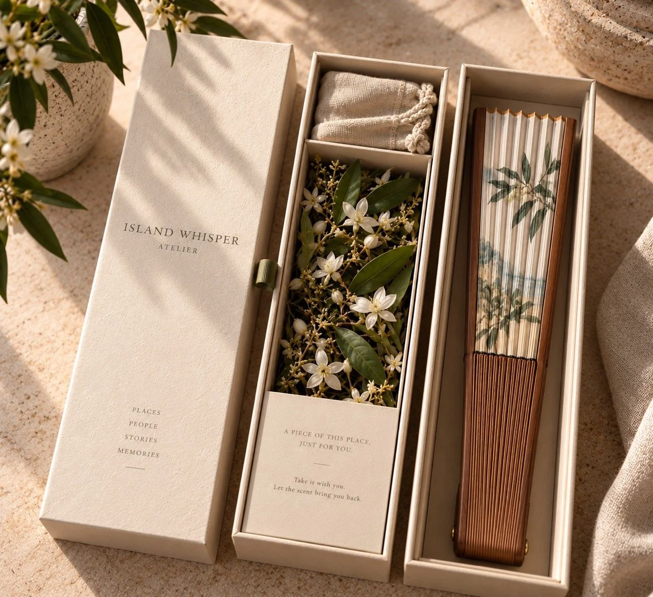 Bespoke welcome gift box from Island Whisper Atelier with an artisanal hand fan and personalised packaging for luxury hotels and resorts.