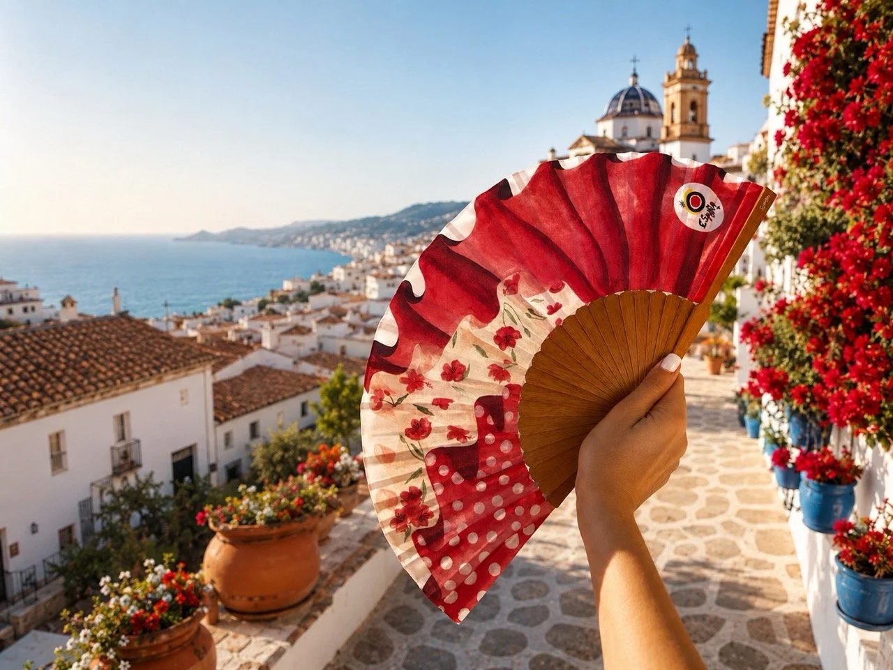 Turespaña bespoke luxury hand fan by Island Whisper Atelier held against a sunlit Spanish coastal town