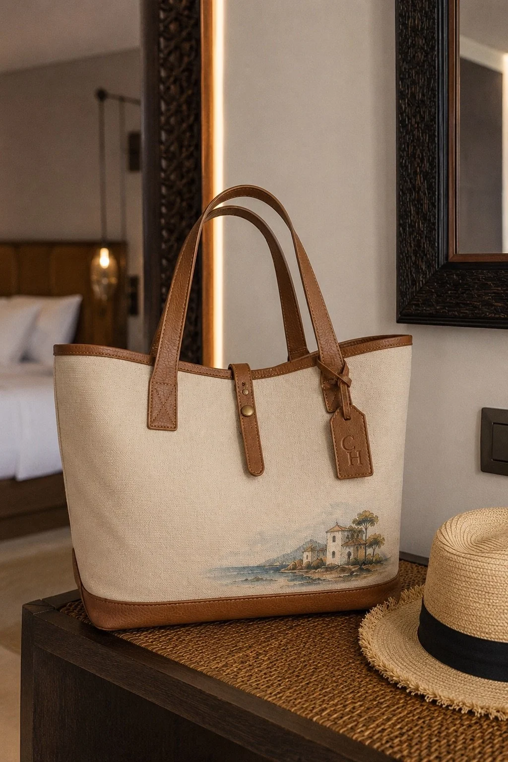 Bespoke canvas and leather hotel tote featuring destination-inspired artwork, designed as a useful keepsake for resort guests.