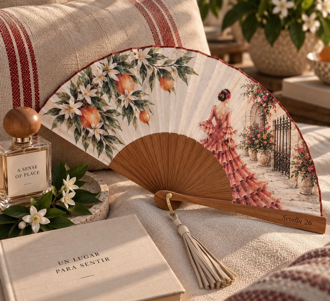Abanico de lujo a medida de Sevilla creado por Island Whisper Atelier, con un diseño de inspiración acuarela, varillas de madera natural y borla de piel, pensado como experiencia de bienvenida para huéspedes de hoteles de lujo.