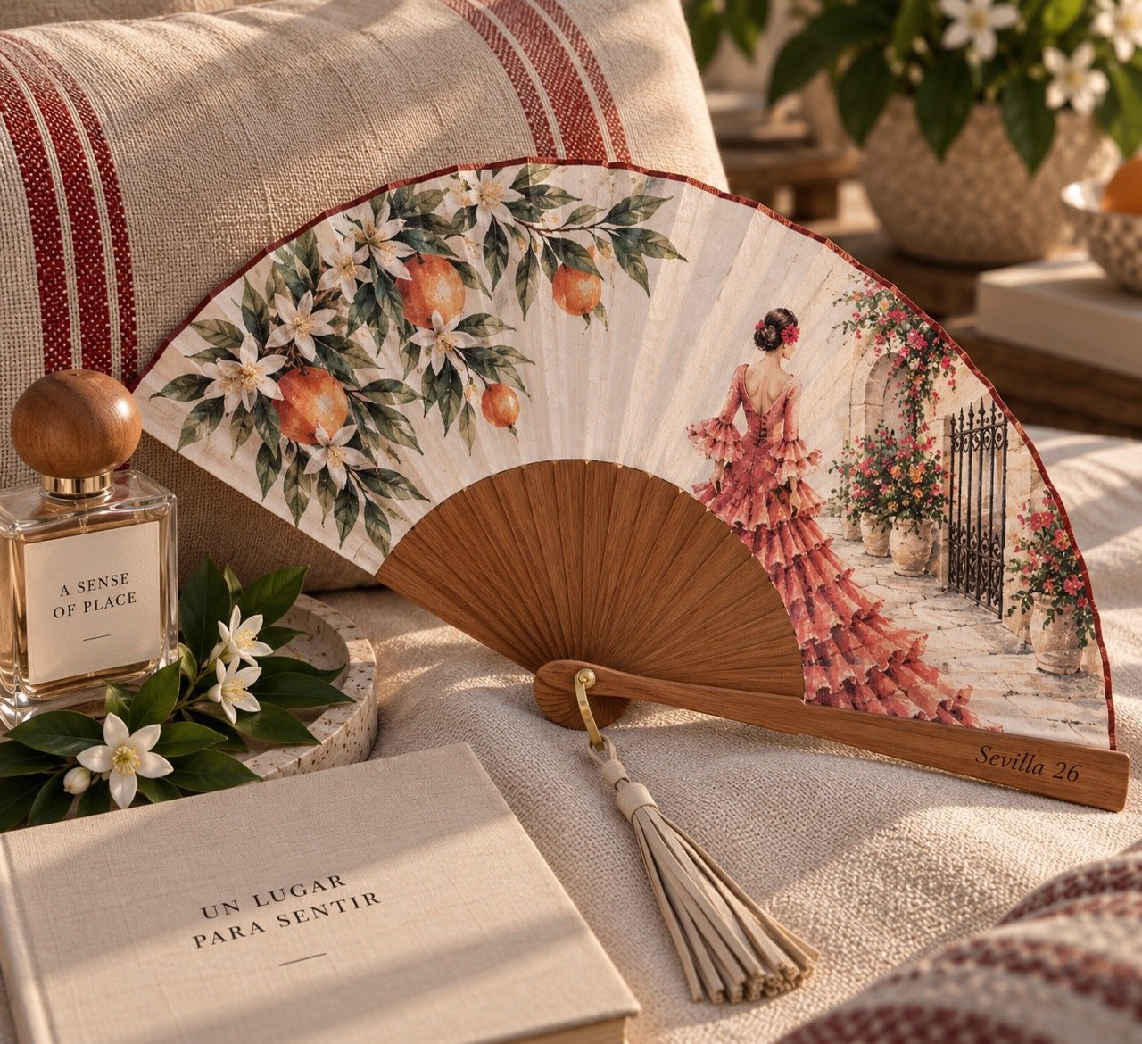 Bespoke Island Whisper Atelier hand fan with floral artwork styled for a luxury hospitality table setting.