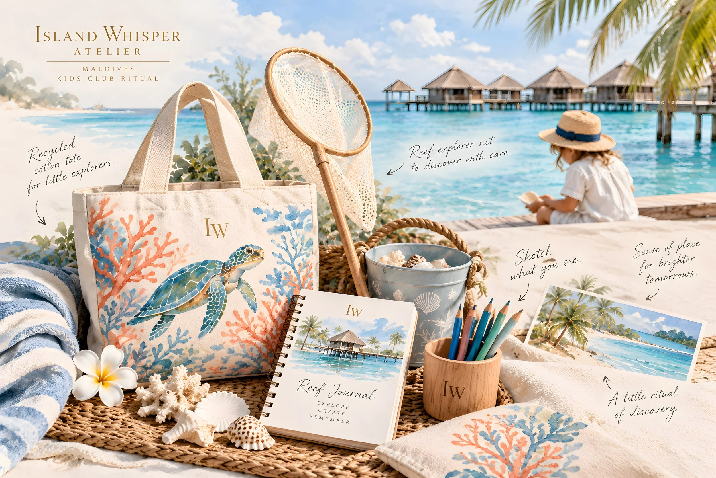 Concepto de Kids Club para hotel de lujo en Maldivas con bolsa de algodón reciclado, cuaderno de exploración, red, cubo y materiales creativos diseñados por Island Whisper Atelier.